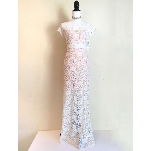 Jump Dresses & Skirts - White & Nude Off Shoulder Prom Dress